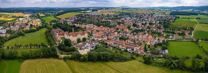 A panorama aerial view around the old town in the city Ellingen Germany on a sunny spring noon