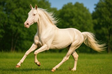 Golden-colored Akhal-Teke stallion galloping freely in summer