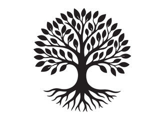 Tree of life logo silhouette vector, tree life logo icon silhouette, round tree of life with roots and branches vector, simple black tree of life silhouette logo vector on a white background.