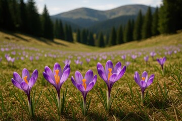 Obraz premium Mountain meadow adorned with crocus blossoms
