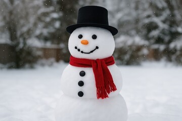 Crafted snow figure with a cheerful expression in a backyard during winter festivities