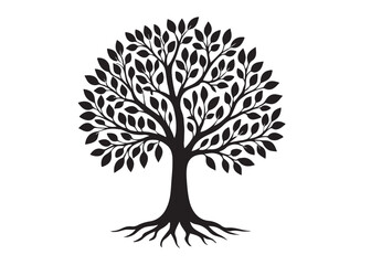 Obraz premium Tree of life logo silhouette vector, tree life logo icon silhouette, round tree of life with roots and branches vector, simple black tree of life silhouette logo vector on a white background.