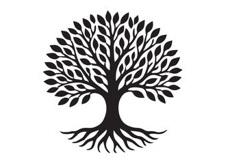 Tree of life logo silhouette vector, tree life logo icon silhouette, round tree of life with roots and branches vector, simple black tree of life silhouette logo vector on a white background.