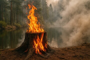 Blaze on the log and the haze of wildfire smoke