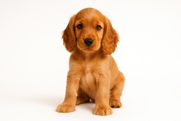 Cute English Cocker Spaniel puppy perched alone on a white background