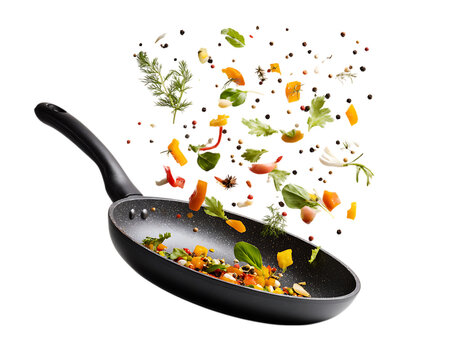 Colorful vegetables flying out of the pan, side view. Conceptual stock photography for cooking or healthy eating advertising banner template design. Frying pan with a vegetable mix.