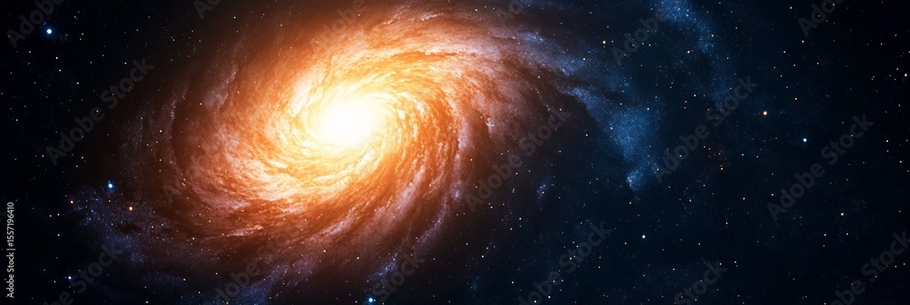 Poster Colorful spiral galaxy rotating gracefully in the vastness of deep space. Featuring a brilliant core and surrounded by twinkling stars and vibrant nebulae. Creating an awe inspiring cosmic spectacle