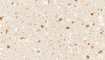 Smooth terrazzo background in warm beige with tiny mineral speckles in cinnamon, ivory, and soft blush scattered evenly