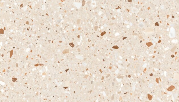 Smooth terrazzo background in warm beige with tiny mineral speckles in cinnamon, ivory, and soft blush scattered evenly