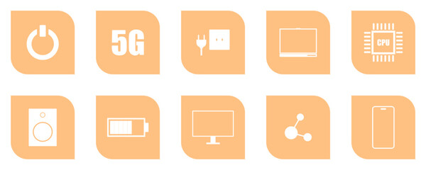 Technology Icons Set, Modern Technology Icons, Electronic Device Symbols Collection, Flat Digital Interface Icons on transparent background
