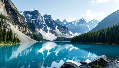 Turquoise lake reflecting snow capped mountains and coniferous forest Rocky shoreline with dark stones