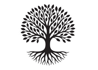 Tree of life logo silhouette vector, tree life logo icon silhouette, round tree of life with roots and branches vector, simple black tree of life silhouette logo vector on a white background.