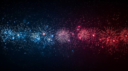 A spectacular nighttime scene featuring bursts of blue and red fireworks against a dark star-filled sky The explosions create a dazzling celebratory atmosphere