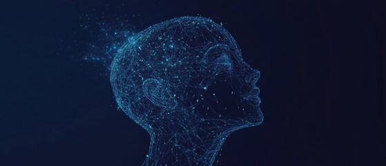 Abstract vector wireframe human head with digital connections and artificial intelligence technology concept on a dark blue background