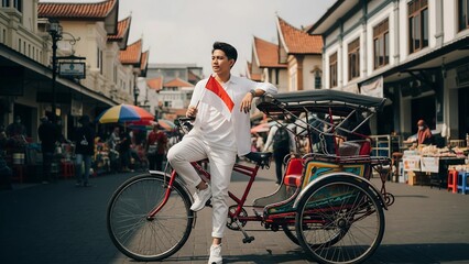 Fototapeta premium Man in White Outfit Leaning on a Trishaw in a City Street