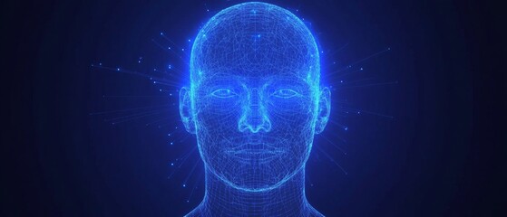 Abstract vector wireframe human head with digital connections and artificial intelligence technology concept on a dark blue background