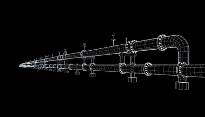 Wireframe model of industrial pipeline system parallel pipes with flanges valves and supports on black background