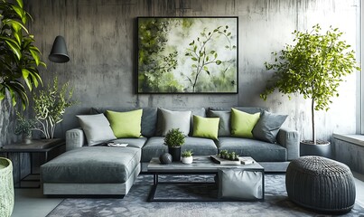 stylish living room featuring a gray sofa adorned with green accent pillows, complemented by botanical wall art. Generative Ai 