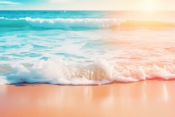 Fototapeta premium Soft wave gently washing golden sandy beach on a sunny day, creating relaxing and peaceful atmosphere