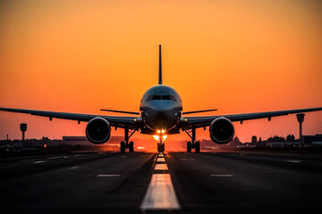 Obraz premium A wide-angle shot captures a commercial airliner on a tarmac illuminated by the setting sun The aircraft's headlights are on casting a glow as it moves forward