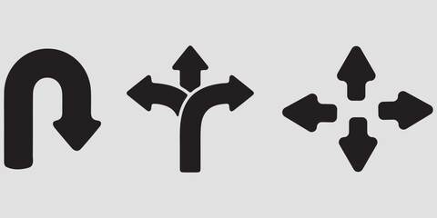 Road traffic direction arrows flat set. You-turn, left, right, two way, three way transportation direction arrow symbol. decision icon vector Trafic way icon