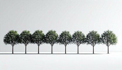 Obraz premium Eight identical deciduous trees in a row against a white background The trees have green leaves and dark brown trunks