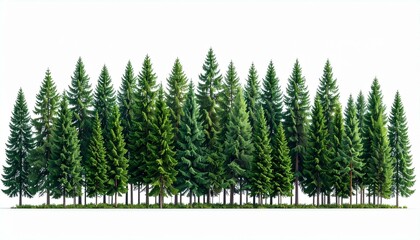 Evergreen forest dense stand of fir trees isolated on white background