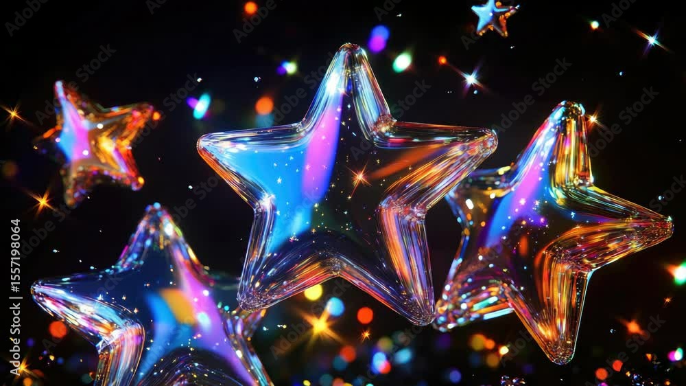 Poster colorful and sparkly stars in a bokeh background.