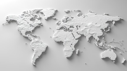A three-dimensional world map in a light gray tone.