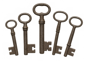 Five old rusty metal keys with circular bows are arranged on a transparent background, evoking mystery and history