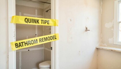 Bathroom under renovation with caution tape on doorway  