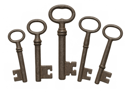 Five old rusty metal keys with circular bows are arranged on a transparent background, evoking mystery and history