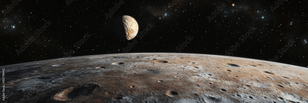 Poster Planet surface covered in craters with a satellite orbiting above, creating a breathtaking cosmic scene with distant stars and galaxies shining in the vast expanse of space
