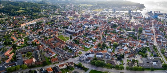 An arial view from the old town in the city Aabenraa in Denmark on a sunny day in spring