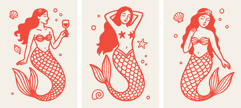 Whimsical mermaid poster set. Hand drawn coastal illustrations