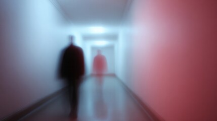 Blurred spectral silhouette in corridor, ethereal liminality, surreal pathways, echoes of All Hallows Eve, uncanny urban exploration