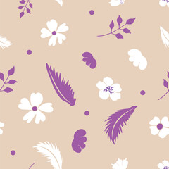 Trendy purple and pink floral silhouettes in a seamless vector pattern on beige background for modern textile, stationery and surface prints.