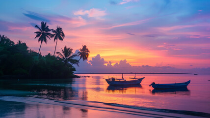 A dreamy coastal view of Indonesian boats at dusk with a vivid sky and calm waters, ideal for tropical travel inspiration