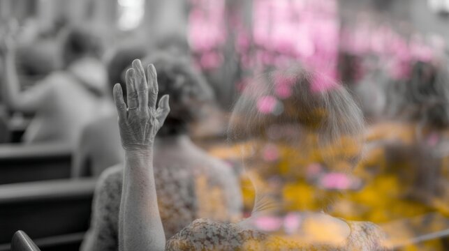 A contemplative elderly hand rises amid spectral blossoms, embodying mindful presence and spiritual reflection, resonating with Hanami and All Saints' Day