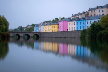 Colorful riverside houses shimmer like a painter's dreamscape canvas, embracing Rainbow Fest and World Water Day's serene reflections