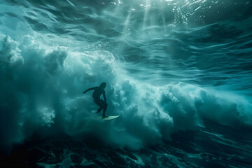 A surreal underwater image showing light and movement as waves roll above, photographed in clear tropical Indonesian waters