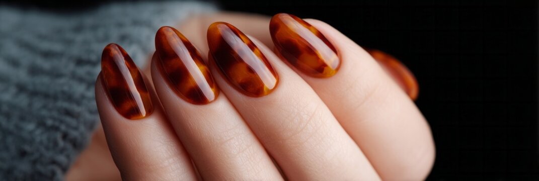 Elegant tortoiseshell nail art on a Caucasian woman's hand glistens like amber relics; ideal for World Art Day