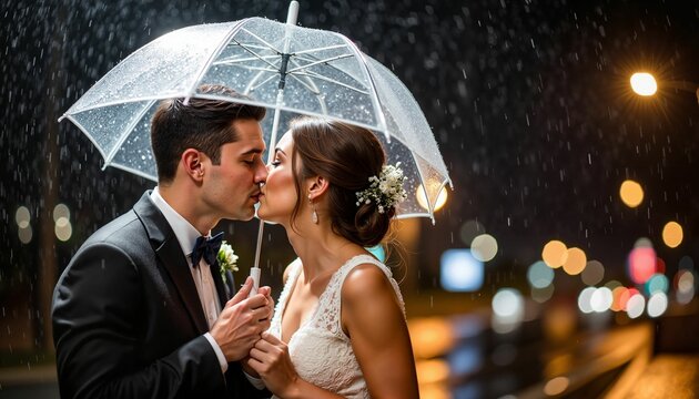 Bride and groom kissing under clear umbrella in rain at night   - Powered by Adobe