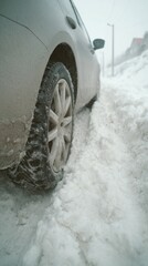 Snow-blanketed car wheel battles frosty labyrinth, echoing Winter Solstice adventures and International Snowmobiling Day escapades