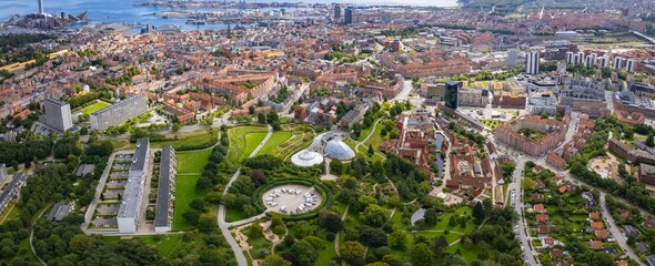 Arial view of the old town of the harbour city Aarhus in Denmark on a sunny spring day	

