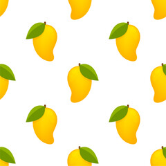 Vector seamless pattern with mango fruits. Summer tropical fruits on a white background.