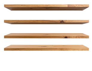 Natural wood and white floating shelves for modern decor, isolated on transparent background PNG