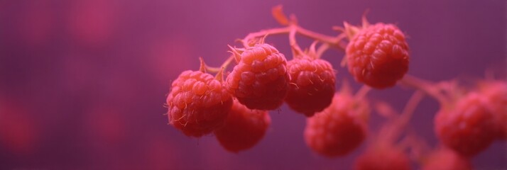 Surreal pink-hued raspberries cluster in an ethereal twilight, conjuring whimsical visions of Raspberry Carnival and Lunar Harvest Festival