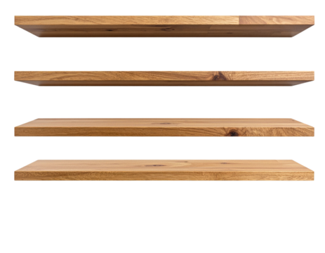 Natural wood and white floating shelves for modern decor, isolated on transparent background PNG