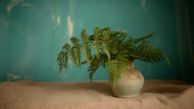 Green fern in vase sandy surface teal background nature photography